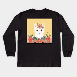 The cute white cat queen is watching you from the flowerbed Kids Long Sleeve T-Shirt